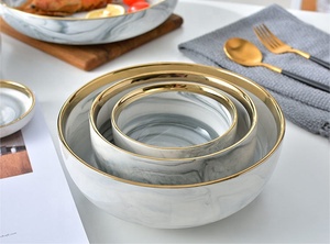 Services de table en porcelaine nordique, assiettes à incrustations dorées, bols à riz marbrés, coffret cadeau, bordure dorée, style minimaliste, 2 pièces, articles promotionnels - Product Image 4