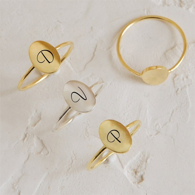Simple 316L Stainless Steel 14K Gold Plated Engraved Symbol Oval Finger Ring Titanium Steel Customized Letter Oval Disc Rings