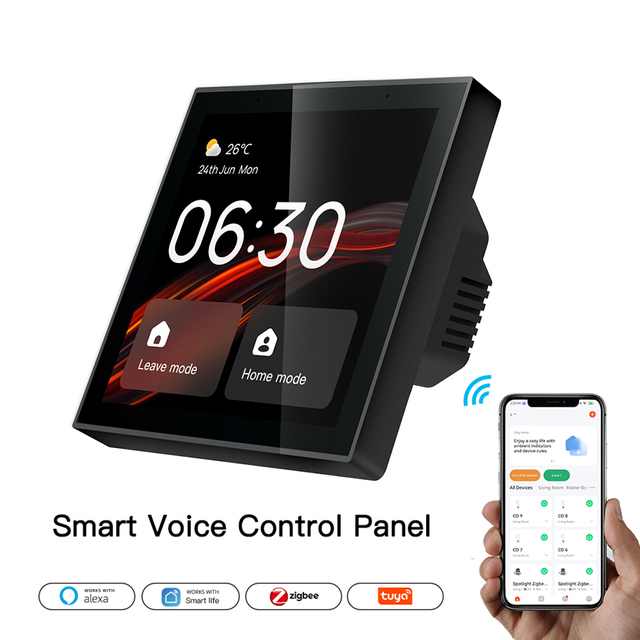 Smart Home Control Panel 4-inch Touchscreen with Alexa Built-in, Voice Control & Wall-Mounted Design for Home Automation