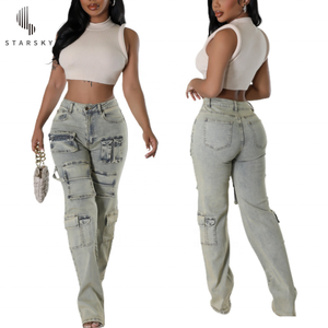 2024 New Washed Organza Bag Work Bag Zipper Casual High <strong>Elastic</strong> Denim Pants for <strong>Women</strong> - Product Image 1