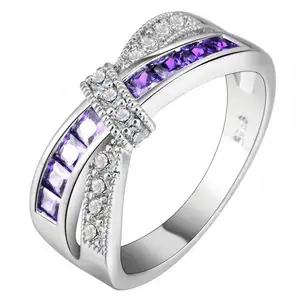 Cross Rings For Women Green Purple Pink Blue Platinum Wedding Ring Silver Jewelry