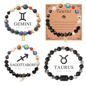 Pulseras <span class=keywords><strong>de</strong></span> Piedras Naturales <span class=keywords><strong>de</strong></span> Moda con los 12 Signos del Zodiaco para Hombre, Joyería Vintage Hecha a Mano en Negro Mate, Venta al por Mayor - Product Image 4