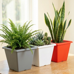 Vente en gros de pots de plantes carrés en plastique de 3 couleurs, design conique, surface lisse, gris, blanc, orange, pour jardin, balcon, taille 28 cm - Product Image 6
