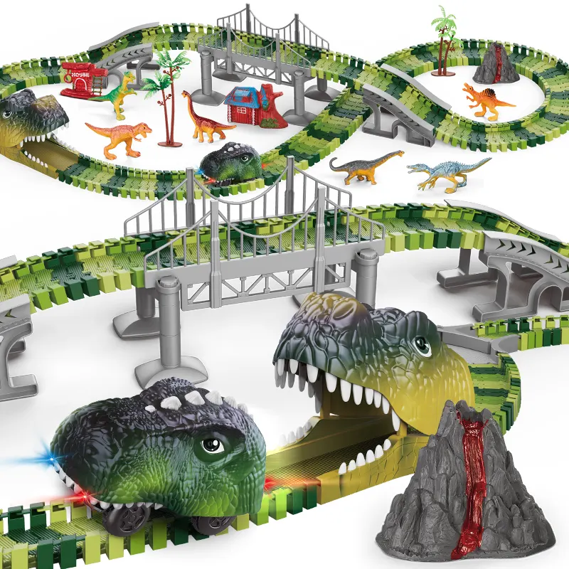 ألعاب سباق سيارات بفتحة للبيع بالجملة B/O ألعاب Dino DIY قطعة ديناصور مسارات بناء مسار سباق للأطفال
