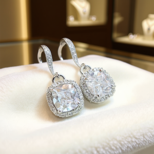 Orecchini Pendenti in Cristallo Bianco Champagne, Argento 925 Placcato Rodio, Montatura a Castone, Gioielli Classici da Sposa per Donna - Product Image 2