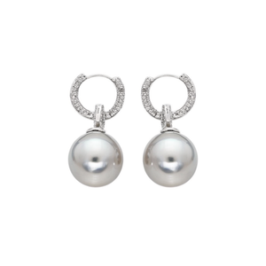 Pendientes de Perlas Akoya de Plata 925 Chapados en Oro Blanco Tiamo, Perlas Cultivadas Redondas AAA con Engaste de Bisel, Clásicos para Mujer, para Boda - Product Image 1