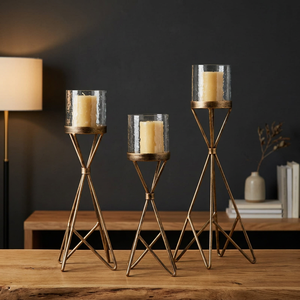 Décoration d'intérieur : Ensemble de 3 chandeliers géométriques en métal doré avec bougeoirs en verre transparent, centre de table pour fêtes de Noël - Product Image 2