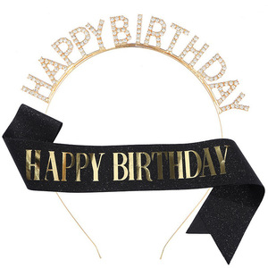 DAMAI Happy <b>Birthday</b> <b>Crown</b> Set Glitter Diamond Hair Hoop <b>Sash</b> Party Decor <b>Birthday</b> Celebration Accessory - Product Image 1