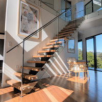 Escalier droit en forme de I CBMmart à prix abordable, avec marches en bois massif de 40 mm d'épaisseur et garde-corps en verre de 12 mm pour projets