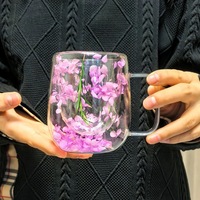 Mug en verre à double paroi avec fleurs séchées, en borosilicate haute résistance, tasse créative pour boisson, idéal pour cadeau ou souvenir