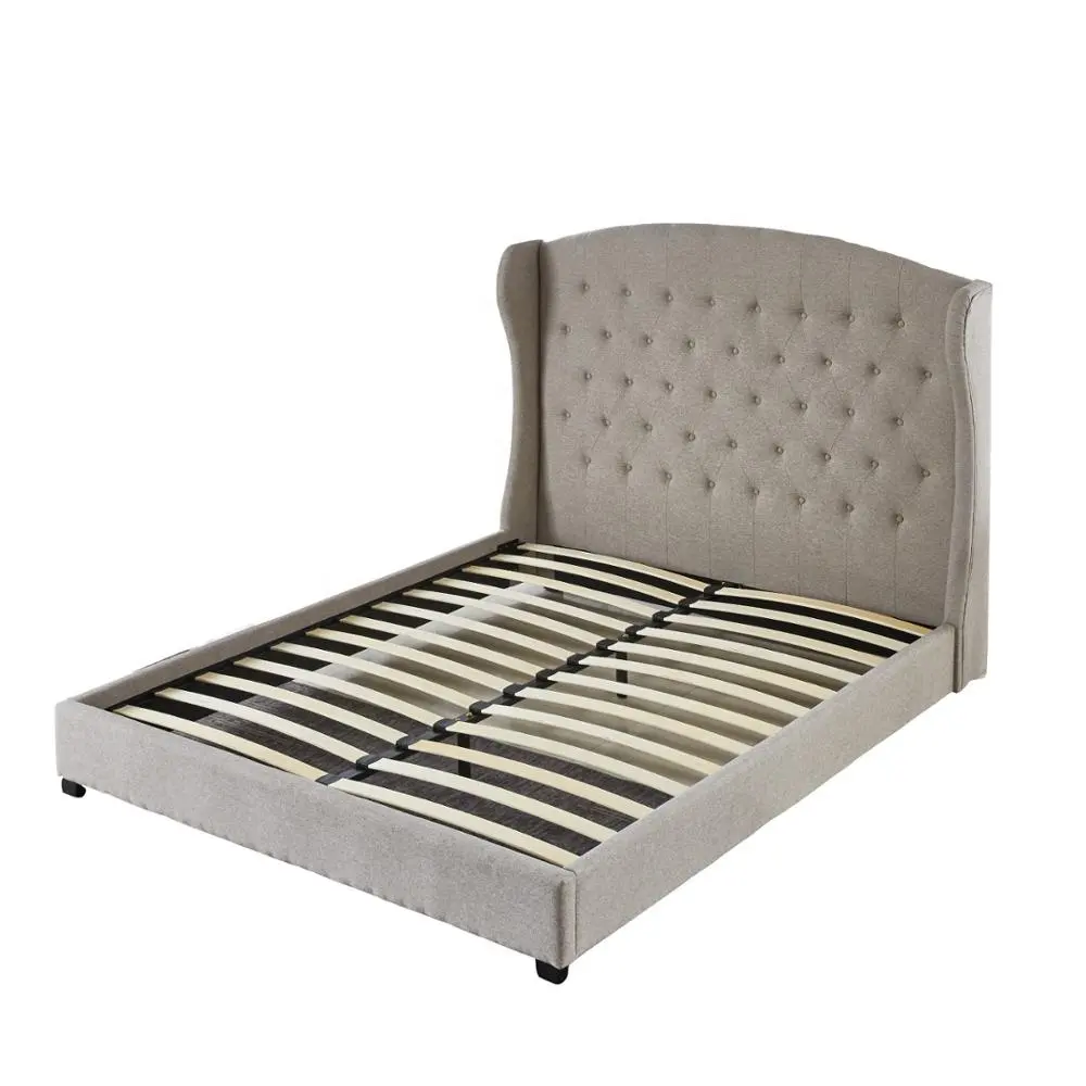 Latest double design wooden slat wood furniture button tufted fabric double bed