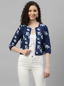 DEEBACO Bolero de Algodón Índigo Floral para Mujer, con Lazos, Abierto por Delante, Manga Corta, Ajuste Relajado, Estilo Western, de Una Pieza, Casual - Product Image 4