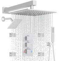Système de douche thermostatique haut de gamme en laiton nickel brossé, pommeau de douche pluie carré mural de 10 pouces, ensemble mitigeur 4 poignées