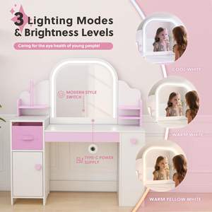 Ensemble table et chaise de maquillage multifonctionnel pour enfants, pour chambre à coucher, petite table de maquillage pour <span class=keywords><strong>filles</strong></span> et bureau d'étude avec miroir LED - Product Image 6