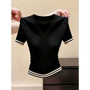 Suéter de punto de manga corta con cuello en V para mujer, color gris, talla S, con ribete acanalado - Product Image 5