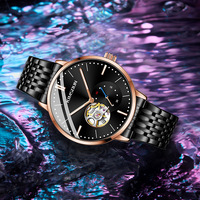 Montre mécanique à aiguilles pour homme, avec bracelet en acier inoxydable, verre minéral, étanche, lumineuse, 42 mm, design Hollow Flywheel