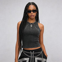 Débardeur court Y2K pour femme, coupe ajustée, style rétro délavé à l'acide, avec œillets métalliques, design coupé-cousu, personnalisable avec LOGO
