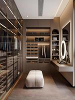 Système de dressing moderne de luxe avec portes en verre teinté et cadre en aluminium pour chambre principale
