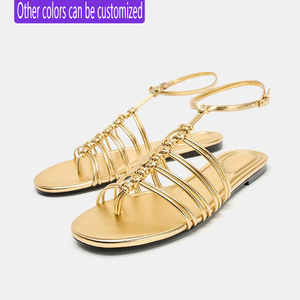 ZA Spring Summer New Golden High-grade Woven Foot Backpack Strap Roman Sandals Bohemian Slide-heel <strong>Flats</strong> Solid Color Low Heel - Product Image 1