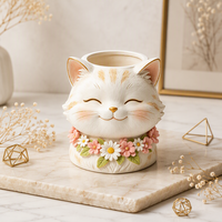 Pot de fleurs en polyrésine en forme de tête de chat souriant, 25 cm, sculpté et peint à la main, motif floral doré, ornement pour la maison et le jardin, cadeau de pendaison de crémaillère