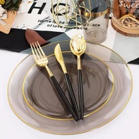 Assiettes à steak occidentales en plastique rigide PS, jetables, transparentes, avec bord doré, vaisselle de table