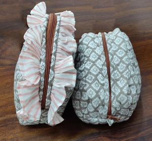 Quilted Cotton Cosmetic Bag Round <b>Makeup</b> <b>Case</b> Zipper Pouch Ruffle Trim Floral Gray for Travel - Product Image 1