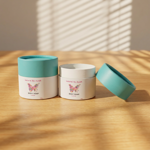 Pot en papier cylindrique recyclable fait main, imprimé sur mesure, avec finition effet délavé, pour emballage de baume cosmétique et de baume corporel naturel - Product Image 1