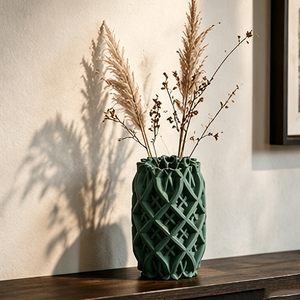 3D Hohlgebohrte Gittermuster Keramikvase in Matt-Dunkelgrün, Wabi-Sabi Vintage Dunkelholz Konsolentisch Deko-Vase - Product Image 1