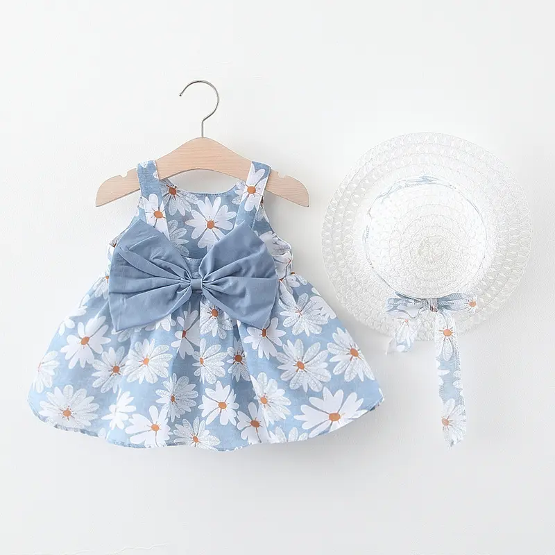 Robes pour bébés filles avec chapeau 2 pièces ensembles de vêtements pour enfants vêtements bébé sans manches fête d'anniversaire robe de princesse imprimé nœud floral