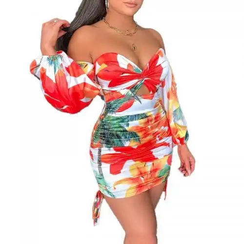 European and American style sexy off shoulder printed red women bodycon dress 736365