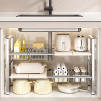 Étagère de rangement rétractable en acier inoxydable avec panier, hauteur réglable pour armoire de cuisine, comptoir, sous l'évier