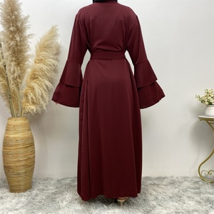 1930# High Quality Burgundy Open Abaya With Side Pockets 2 Layered Sleeve Dubai Abayas <b>Cardigan</b> for Muslim Women - Product Image 6