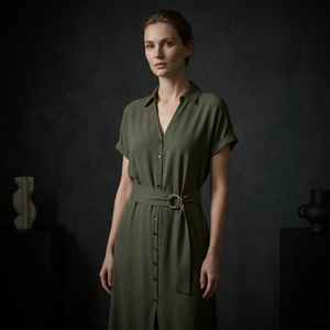 Robe chemise vert olive à col en V avec ceinture et ourlet asymétrique, longueur midi, tenue décontractée d'été pour femmes - Product Image 4