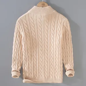 100% Gots Certified Organic Cotton Zipper Turtle Neck Cable Thick Long Sleeve Rib Cuff Bottom Men's Sweater