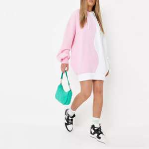 2024 nueva llegada blanco y rosa Color bloqueo Streetwear Sudadera con capucha vestido para mujer vestido con capucha de talla grande - Product Image 3