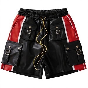 Pantalones Cortos Cargo de Moda Vintage Personalizados para Hombre, Cintura Elástica Alta, Múltiples Bolsillos, Estilo Urbano, Pantalones Cortos de Cuero PU - Product Image 4