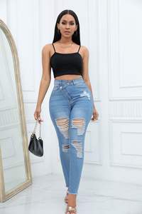 Slim Elástico Negro Ripped Jeans Femme Cintura Alta Agujero Roto Ripped Boyfriend Jeans Venta al por mayor de lujo Skinny Jeans - Product Image 4