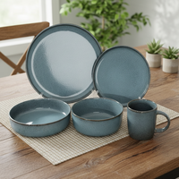 Service de table élégant en grès et porcelaine à glaçure réactive verte |   Assiettes, bols et tasses en céramique |   Compatible lave-vaisselle, micro-ondes et four