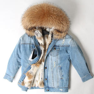 Parka in Denim cappotto in pelliccia Jeans Parka pelliccia di procione <span class=keywords><strong>giacca</strong></span> da donna con pelliccia di procione con cappuccio, abbigliamento invernale Plus Size - Product Image 4