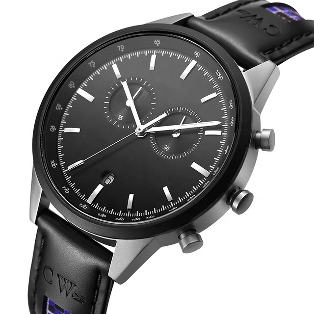 Brushed Gunmetal/Silver Stainless Steel Chronograph Watches Sandstone 100% Genuine Leather Strap