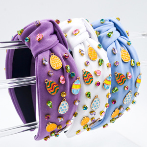 <strong>Easter</strong> Egg Knotted <strong>Headband</strong> for Women, Colorful Rhinestone Embellished Wide Fabric Hair Hoop, Holiday Party Hair Accessory - Product Image 1
