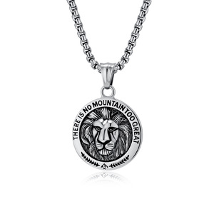 Collier avec médaille tête <span class=keywords><strong>de</strong></span> lion gravée sur mesure en acier inoxydable, pendentif rond avec citation inspirante, chaîne à maillons pour homme et femme - Product Image 2