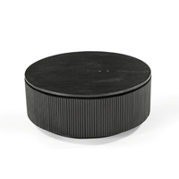 Table basse ronde en bois CNC avec plateau en marbre noir, bois noir / marbre noir, bois de mangue / marbre noir