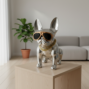 تمثال كلب بولدوج فرنسي من الفولاذ المقاوم للصدأ مع نظارات شمسية وسلسلة ذهبية، تمثال حيوان أليف رائع بحجم مخصص - Product Image 5