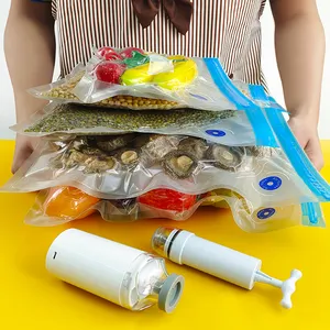 Stok tersedia 3 sisi segel satu sisi timbul vakum disegel tas kemasan makanan dengan katup udara kantong penyimpanan makanan dengan ritsleting pompa