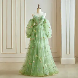 High Quality Green Flower A-line Bride Gowns for Women Evening Party Dresses 2024 with Rose Belt Detachable Long Sleeves #18546