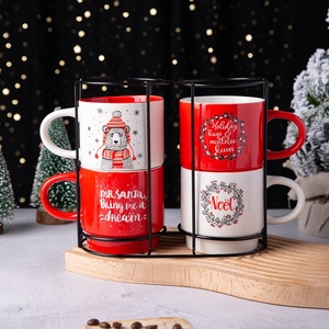 Christmas Ceramic OEM Porcelain 4pcs in <strong>Set</strong> <strong>Stacking</strong> Coffee Cup Custom <strong>Mug</strong> with Iron Stand - Product Image 2