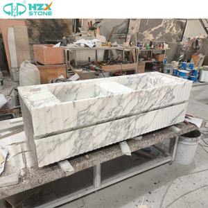 Évier de salle de bain en marbre blanc Arabescato naturel HZX Évier sur pied en marbre autoportant pour hôtel et maison - Product Image 3