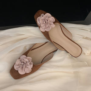 Demi-chaussons d'été à fleurs pour femmes, sabots mignons, chaussures plates en <span class=keywords><strong>daim</strong></span> à bout carré fermé pour femmes <span class=keywords><strong>Mules</strong></span> - Product Image 2