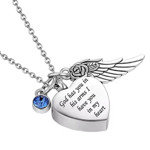 Collar Urna de Cremación con Alas de Ángel y Corazón con 12 Piedras de Nacimiento - Colgante Conmemorativo de Acero Inoxidable para Cenizas de Mascotas - Product Image 3